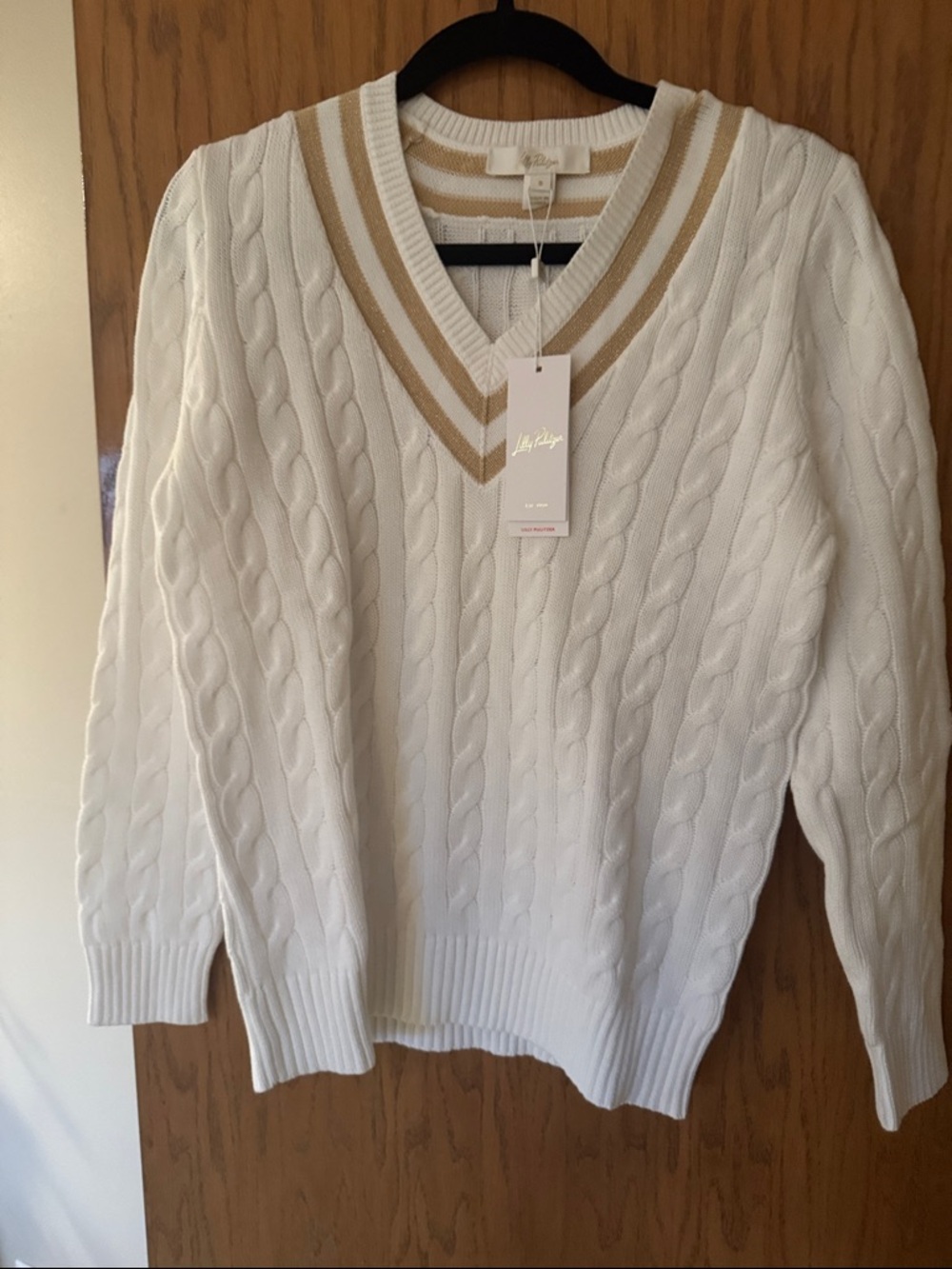 Lilly Pulitzer White Cable Knit V-Neck Sweater with Tan Trim